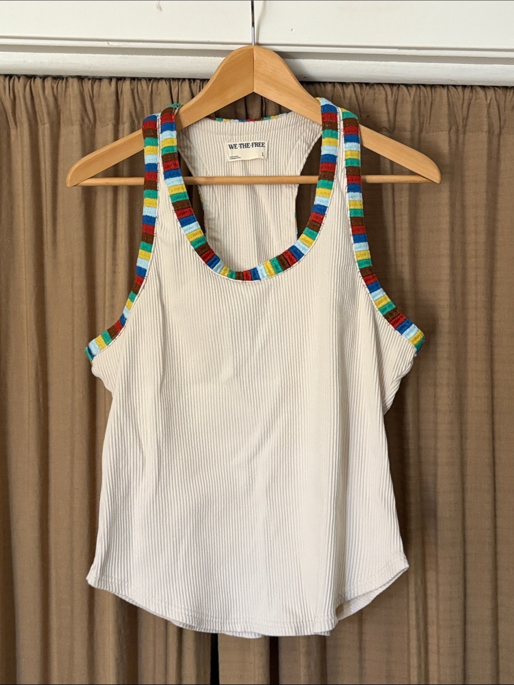 We The Free White Ribbed Tank with Multicolor Embroidered Trim